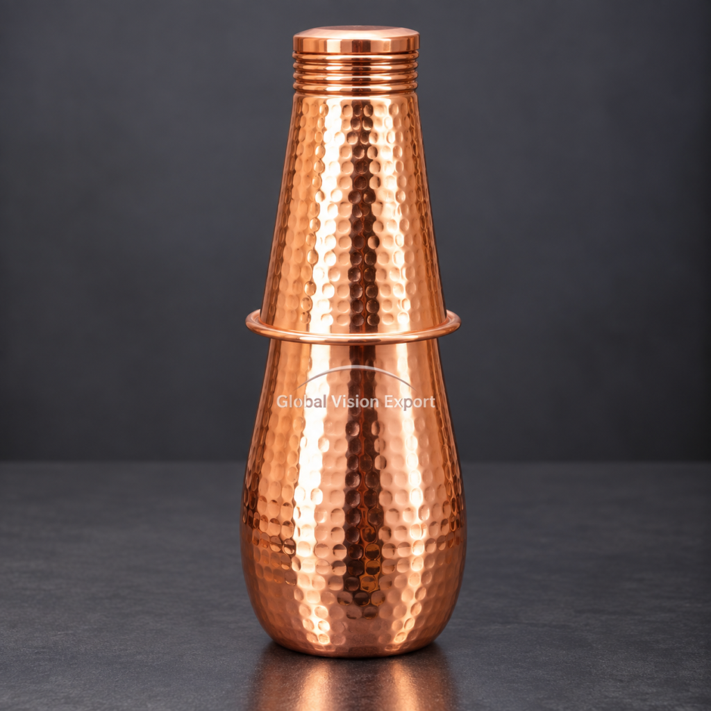 Hammered copper bedside carafe with inbuilt glass by Global Vision Export