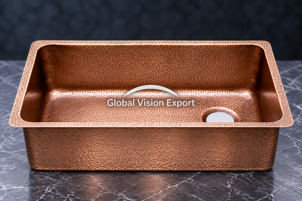 Rectangular farmhouse copper kitchen sink by Global Vision Export